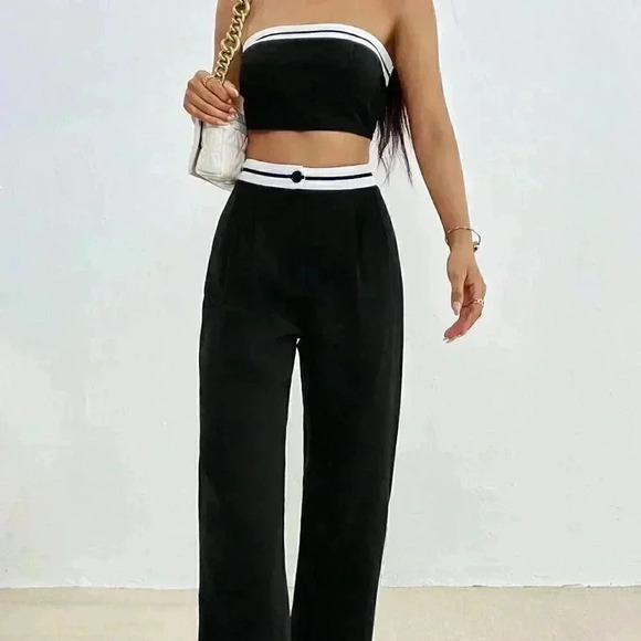 Black Casual Womens Color Block Strapless Top And Straight Leg Pants Set - Picture 1 of 5